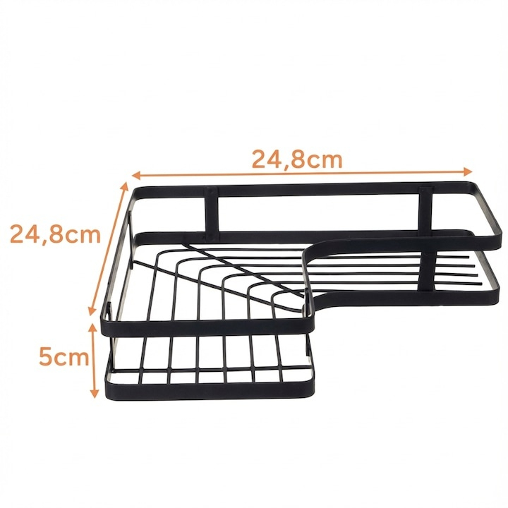 Set 2 rafturi de colt, autoadezive, pentru baie, suport si carlige pentru accesorii incluse, otel inoxidabil, 23.8 x 23.8 x 4 cm/24.8 x 24.8 x 5 cm, negru [7]