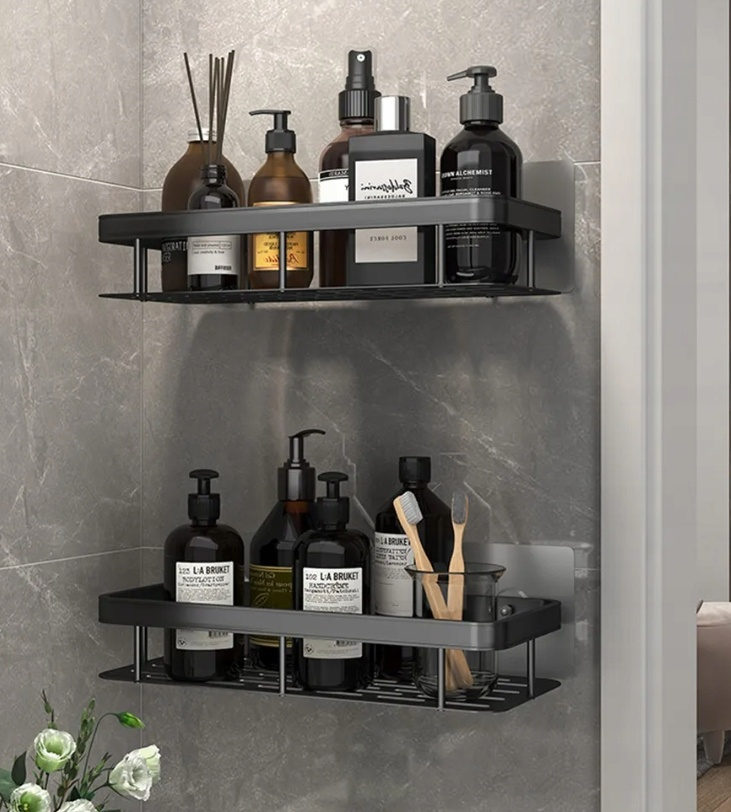 Set 2 rafturi suspendate autoadezive pentru baie si bucatarie, montare pe perete, otel inoxidabil negru mat, stil loft, 30.5 x 13 x 5.5 cm [5]