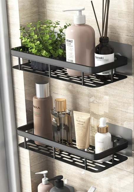 Set 2 rafturi suspendate autoadezive pentru baie si bucatarie, montare pe perete, otel inoxidabil negru mat, stil loft, 30.5 x 13 x 5.5 cm [3]