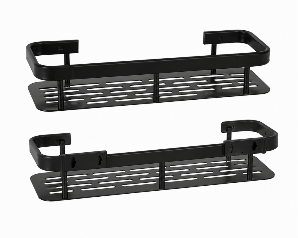 Set 2 rafturi suspendate pentru baie, metal, montare pe perete, 30 x 13 x 4,7 cm fiecare, organizatoare pentru produse de igienă, negre [8]