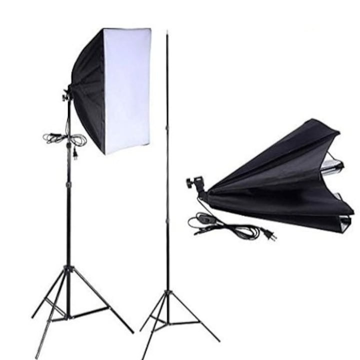 Set 2 softbox-uri profesionale cu lumina continua, 5500K, becuri 30W, trepiede reglabile 95–200 cm, difuzor textil, aluminiu si ABS, negru [3]