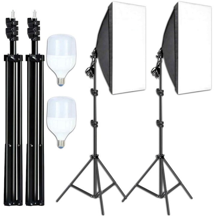 Set 2 softbox-uri profesionale cu lumina continua, 5500K, becuri 30W, trepiede reglabile 95–200 cm, difuzor textil, aluminiu si ABS, negru [8]