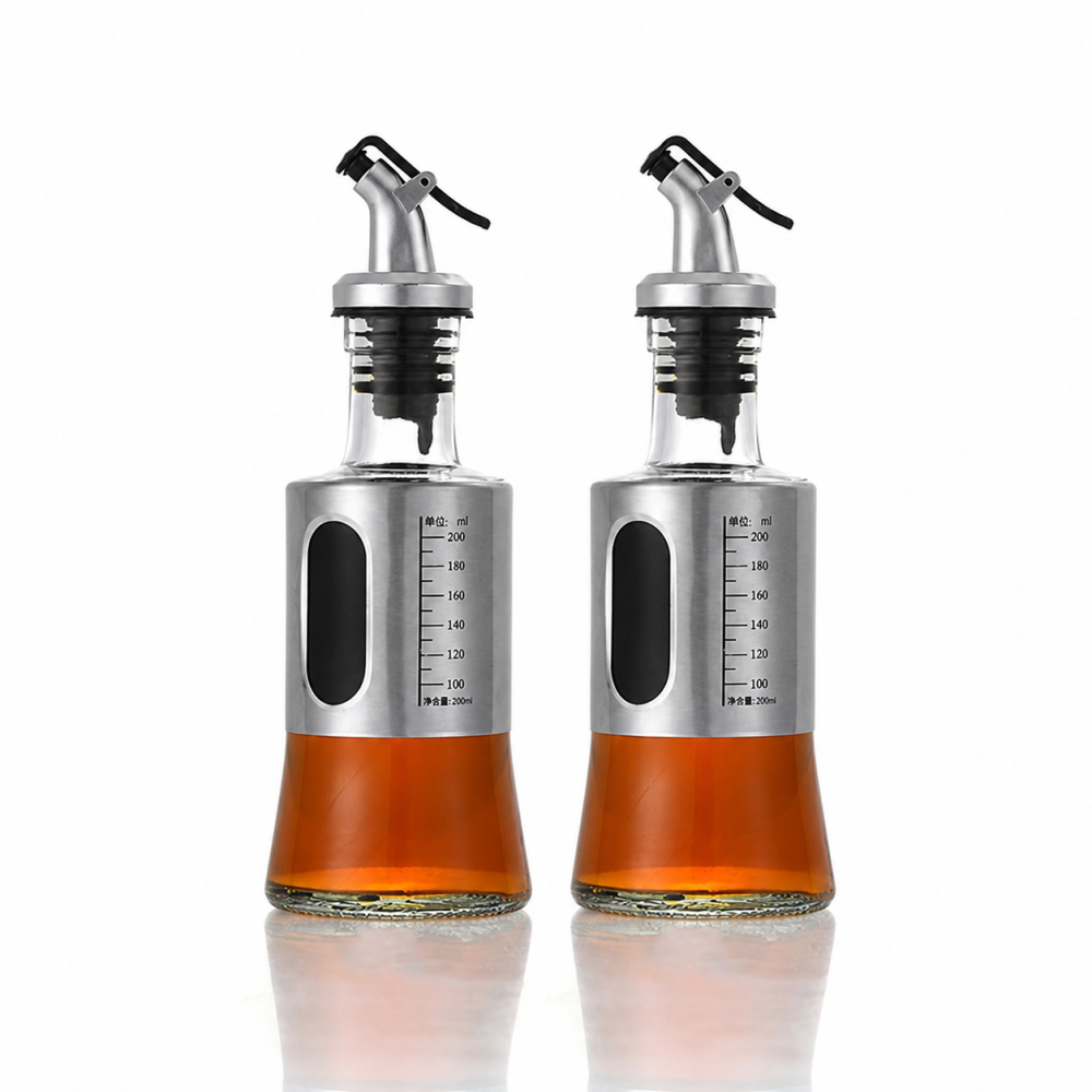 Set 2 Sticle pentru Ulei si Otet cu Dozator Anti-Picurare, 200 ml fiecare, Recipiente din Sticla si Otel Inoxidabil, Scala Gradata, pentru Bucatarie, Gri [2]