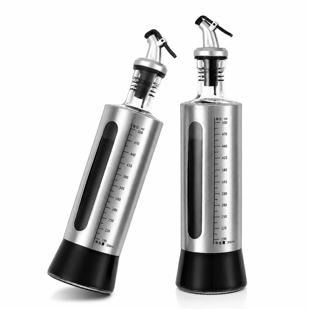Set 2 Sticle pentru Ulei si Otet cu Dozator Anti-Picurare, 500 ml fiecare, Recipiente din Sticla si Otel Inoxidabil, Indicator Nivel, pentru Bucatarie, Gri [4]