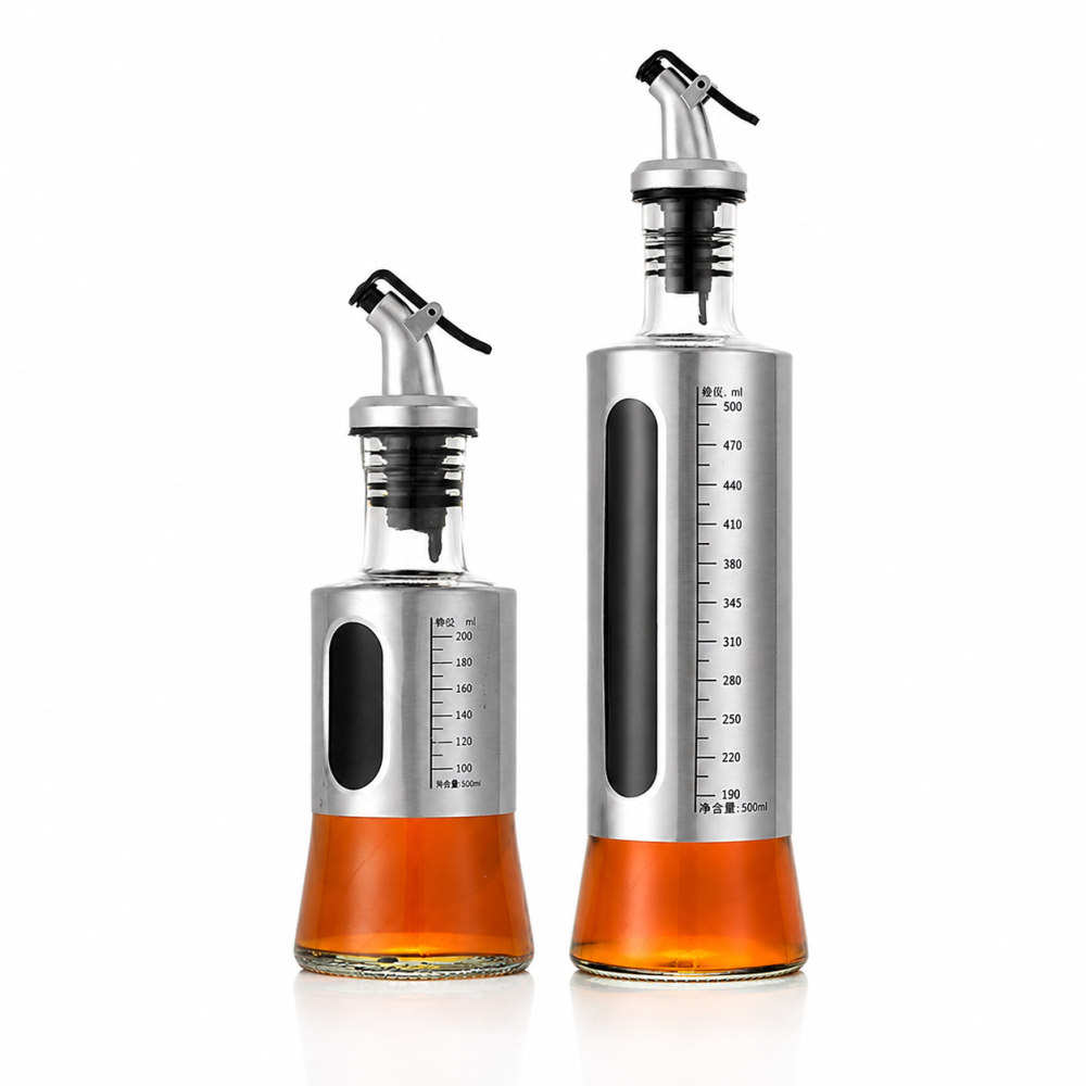 Set 2 sticle pentru ulei si otet gri transparent, 200 ml + 500 ml, dozator anti-picurare, scala gradata, recipiente din sticla pentru bucatarie [4]
