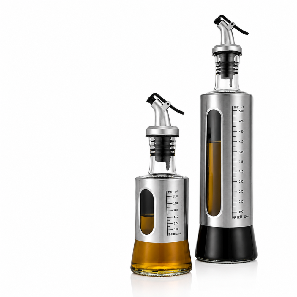 Set 2 sticle pentru ulei si otet gri transparent, 200 ml + 500 ml, dozator anti-picurare, scala gradata, recipiente din sticla pentru bucatarie [2]