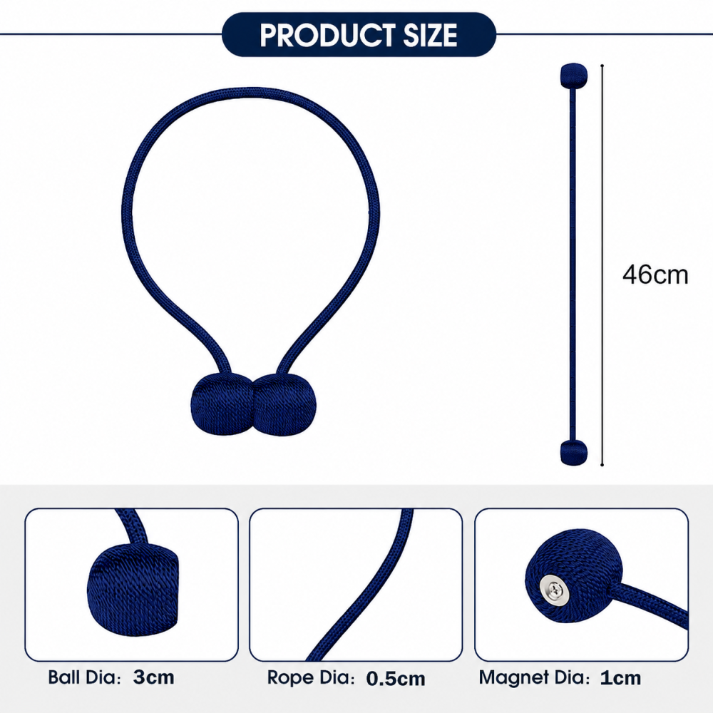 Set 2 suporturi magnetice pentru perdele, snur decorativ impletit, 44 cm, albastru inchis, magnet puternic [5]