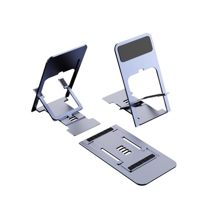 Set 2 suporturi pliabile pentru telefon si tableta, argintii, reglabile pe mai multe unghiuri, suport metalic antiderapant pentru birou [6]