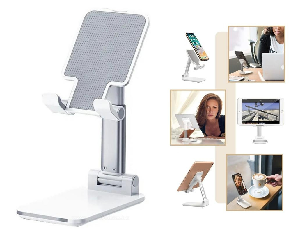 Set 2 suporturi telefon pliabile reglabile, compatibile smartphone si tableta pana la 10 inch (25.4 cm), antiderapante, alb [3]