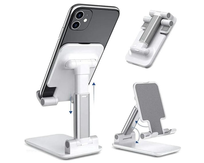 Set 2 suporturi telefon pliabile reglabile, compatibile smartphone si tableta pana la 10 inch (25.4 cm), antiderapante, alb [5]