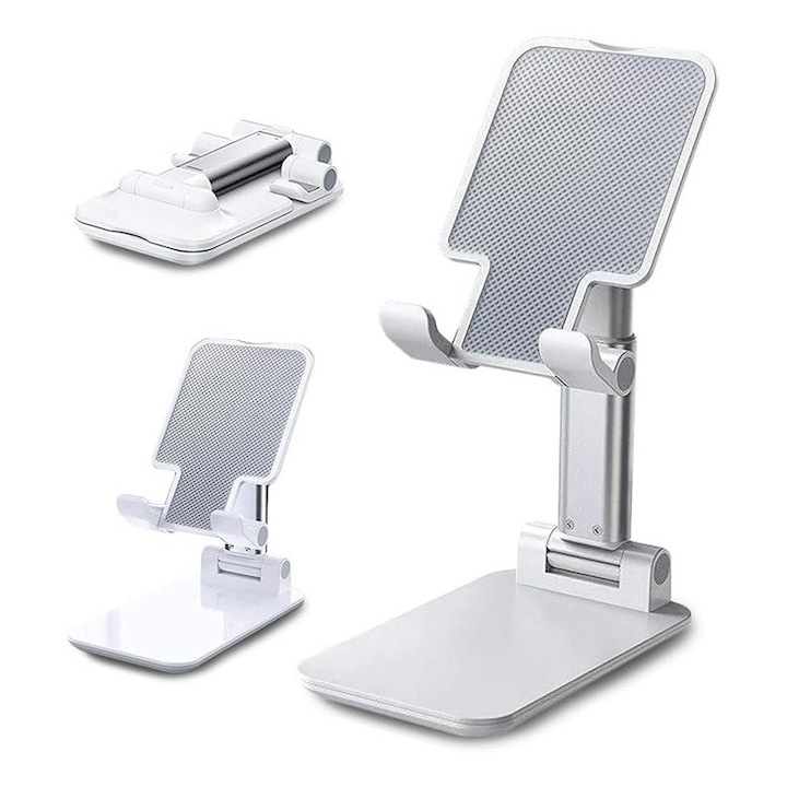Set 2 suporturi telefon pliabile reglabile, compatibile smartphone si tableta pana la 10 inch (25.4 cm), antiderapante, alb [12]