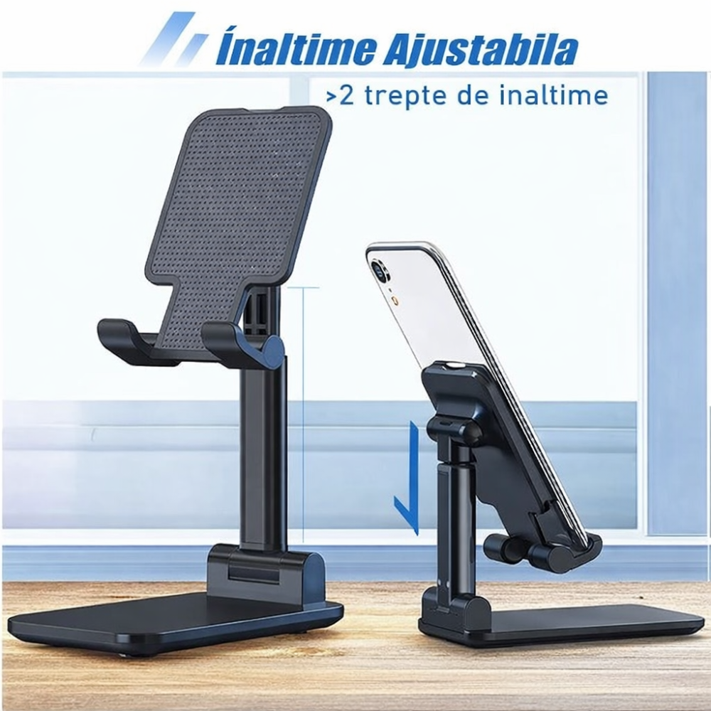 Set 2 suporturi telefon pliabile reglabile, compatibile smartphone si tableta pana la 10 inch (25.4 cm), antiderapante, negru [6]