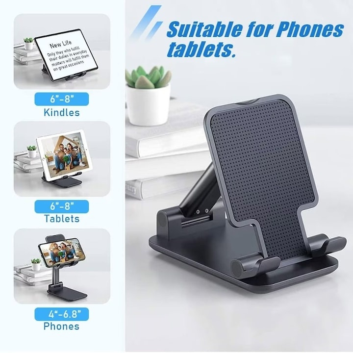 Set 2 suporturi telefon pliabile reglabile, compatibile smartphone si tableta pana la 10 inch (25.4 cm), antiderapante, negru [12]