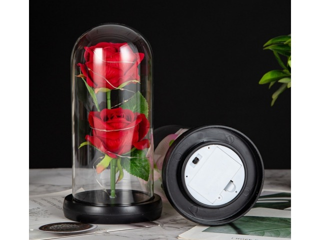 Set 2 trandafiri in cupola de sticla, baza neagra, 23 x 11.5 cm, rosu, lumini LED, cutie inclusa [6]