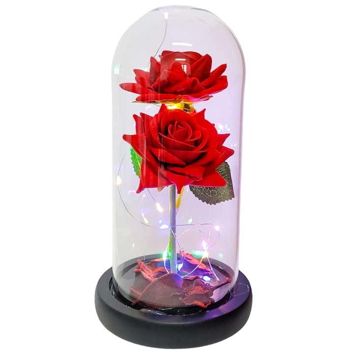 Set 2 trandafiri in cupola de sticla, baza neagra, 23 x 11.5 cm, rosu, lumini LED, cutie inclusa [4]