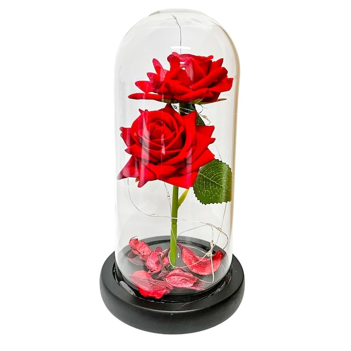 Set 2 trandafiri in cupola de sticla, baza neagra, 23 x 11.5 cm, rosu, lumini LED, cutie inclusa [3]