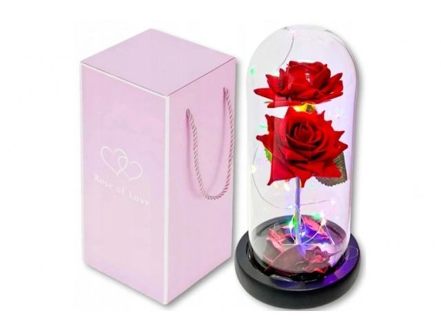 Set 2 trandafiri in cupola de sticla, baza neagra, 23 x 11.5 cm, rosu, lumini LED, cutie inclusa [5]