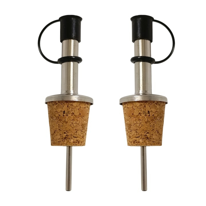 Set 2 turnatoare pentru sticle, 9.2 x 2.3 cm fiecare, inox, dop din pluta naturala, capac din silicon, dozare uniforma pentru cocktailuri, bauturi si lichide alimentare [3]
