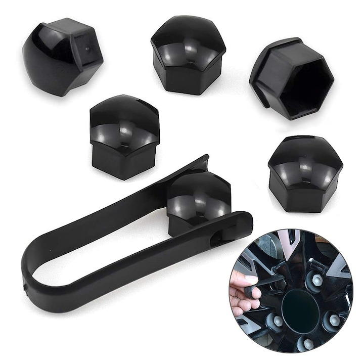 Set 20 capace hexagonale pentru prezoane, plastic, 17 mm, montare prin presare, cleste inclus, negru [7]