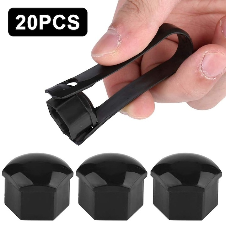 Set 20 capace hexagonale pentru prezoane, plastic, 17 mm, montare prin presare, cleste inclus, negru [13]