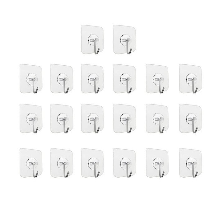 Set 20 carlige adezive transparente, rezistente, multifunctionale, plastic, metal