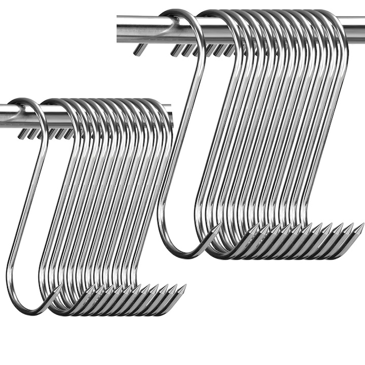 Set 20 carlige inox pentru afumatoare, argintii 15 cm, grosime 2.8 mm, model S reutilizabil cu varf ascutit, pentru carne, macelarie, uscare si maturare [4]