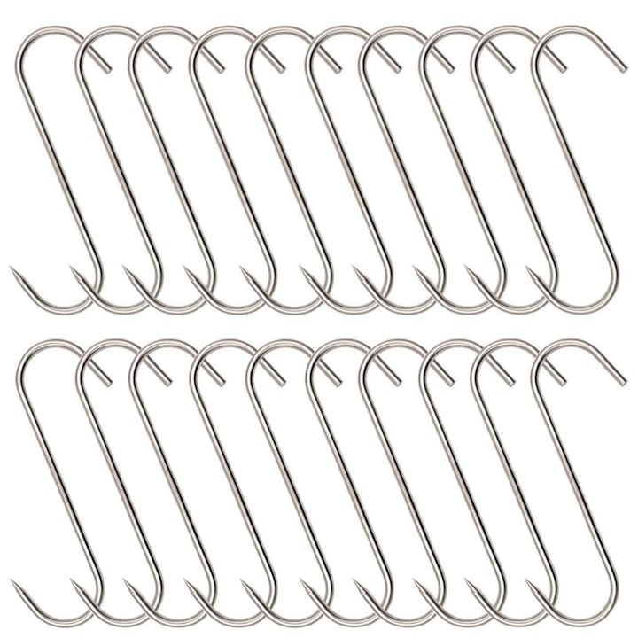 Set 20 carlige inox pentru afumatoare, argintii 15 cm, grosime 2.8 mm, model S reutilizabil cu varf ascutit, pentru carne, macelarie, uscare si maturare [3]