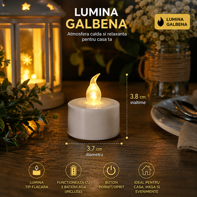 Set 20 lumanari decorative LED albe 3.7 x 3.8 cm, lumina galbena, flacara transparenta, 60 baterii AG4 incluse, decor interior, mese festive, petreceri si evenimente [2]