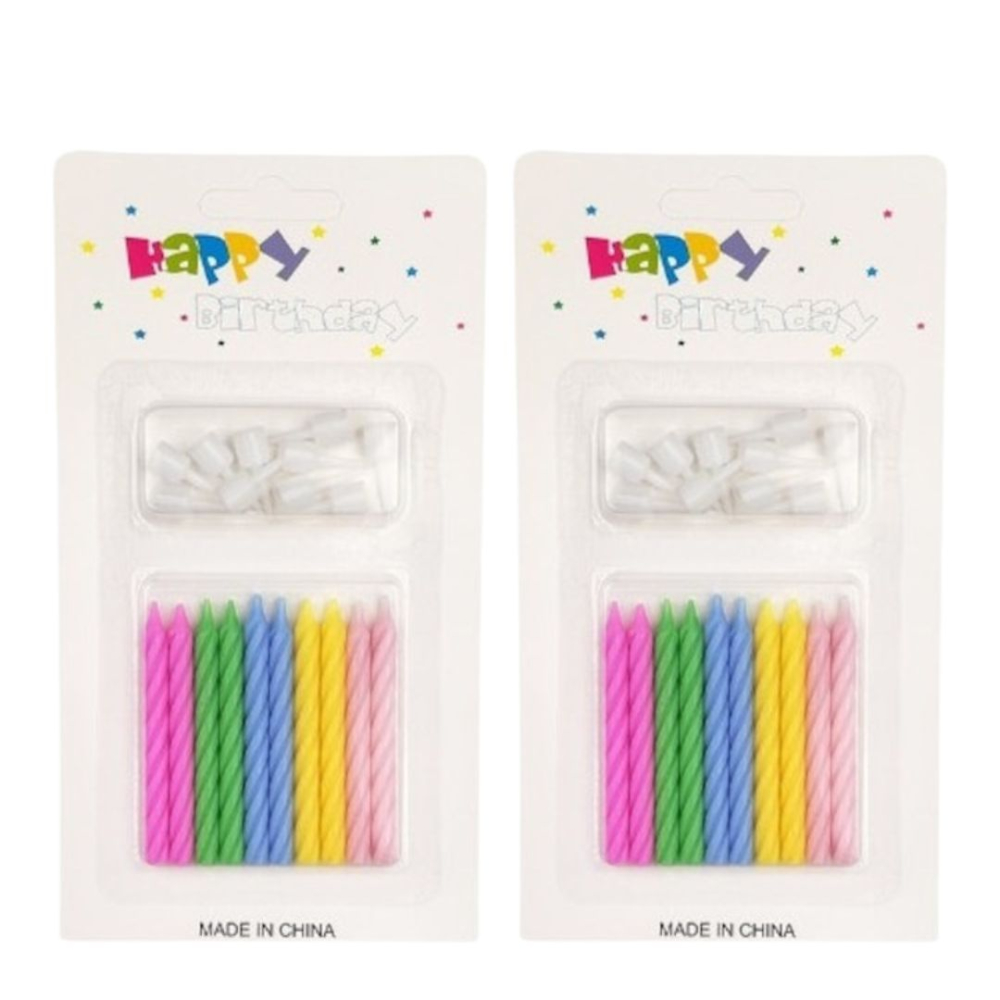 Set 20 lumanari spiralate pentru tort cu suport inclus, 2 pachete x 10 bucati, multicolore, 6.5 cm, parafina, accesorii aniversare pentru petreceri si zile de nastere [1]