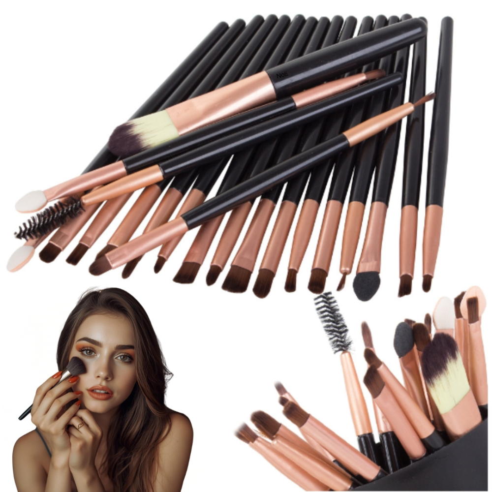 Set 20 pensule machiaj profesionale, peri sintetici moi, maner negru cu finisaj rose gold [2]