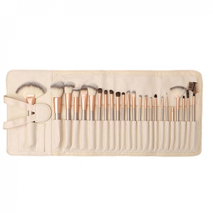 Set 24 pensule de machiaj,make up,manere din lemn,borseta din piele ecologica - Crem [2]