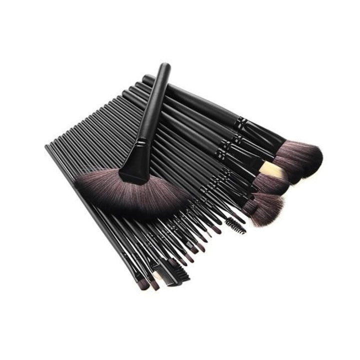 Set 24 pensule machiaj cu peri sintetici, gentuta depozitare, colectie completa pentru machiaj profesional, negru [4]