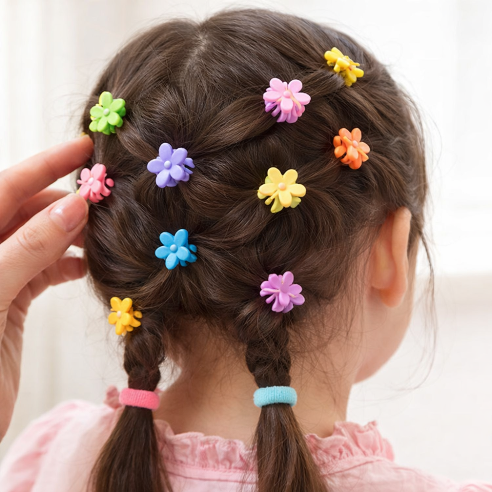 Set 25 elastice par 1.5 cm si 16 cleme mini florale 0.8 cm, cutie organizator transparenta [4]