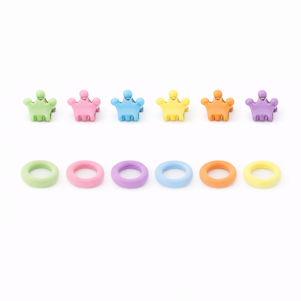 Set 25 elastice par 1, 5 cm si 16 cleme mini model coronita 0, 8 cm, cutie organizator transparenta, multicolor [2]