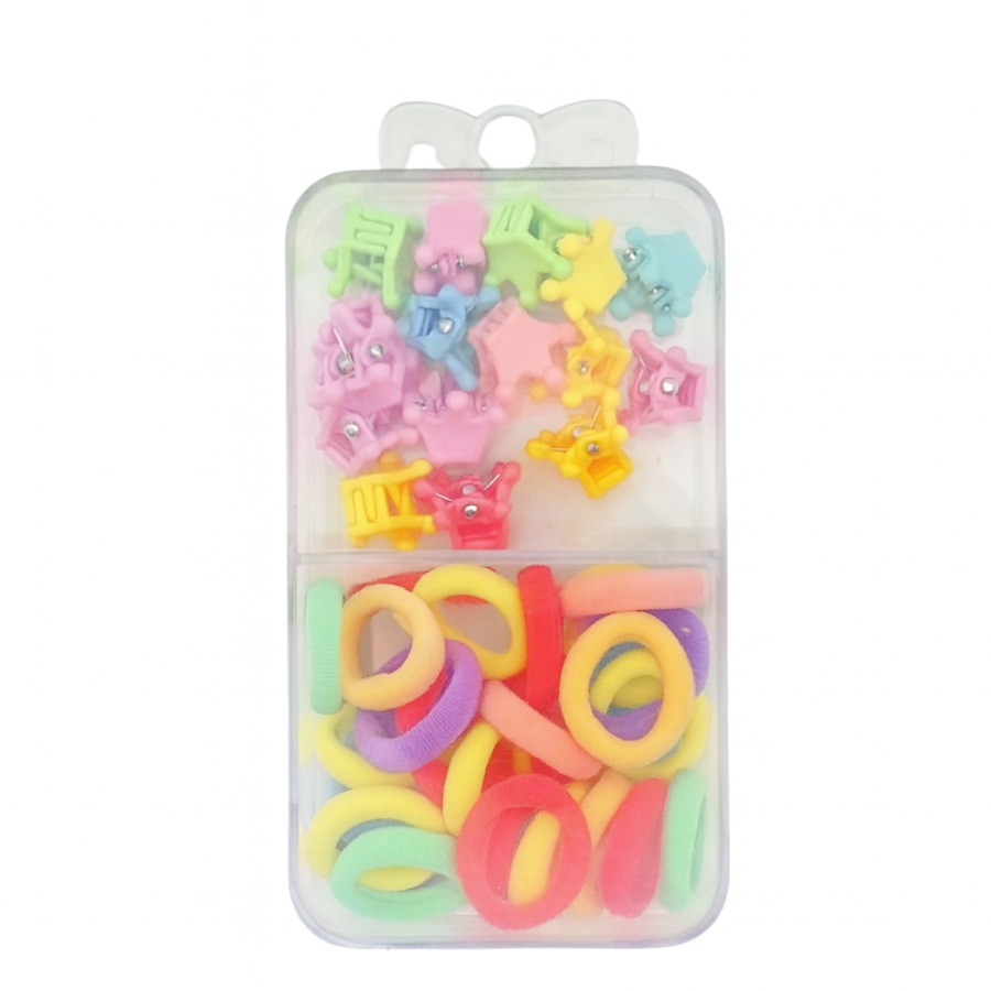 Set 25 elastice par 1, 5 cm si 16 cleme mini model coronita 0, 8 cm, cutie organizator transparenta, multicolor [1]