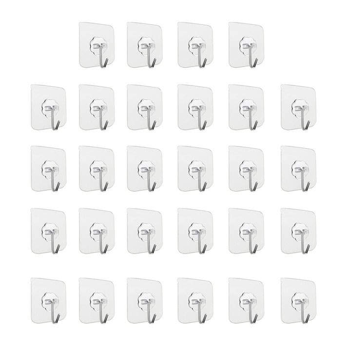 Set 28 carlige adezive transparente, rezistente, multifunctionale, plastic, metal [1]
