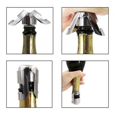 Set 2x Dop pentru sticle de vin, sampanie, alte bauturi, wine stopper, otel inoxidabil, silicon, argintiu [5]