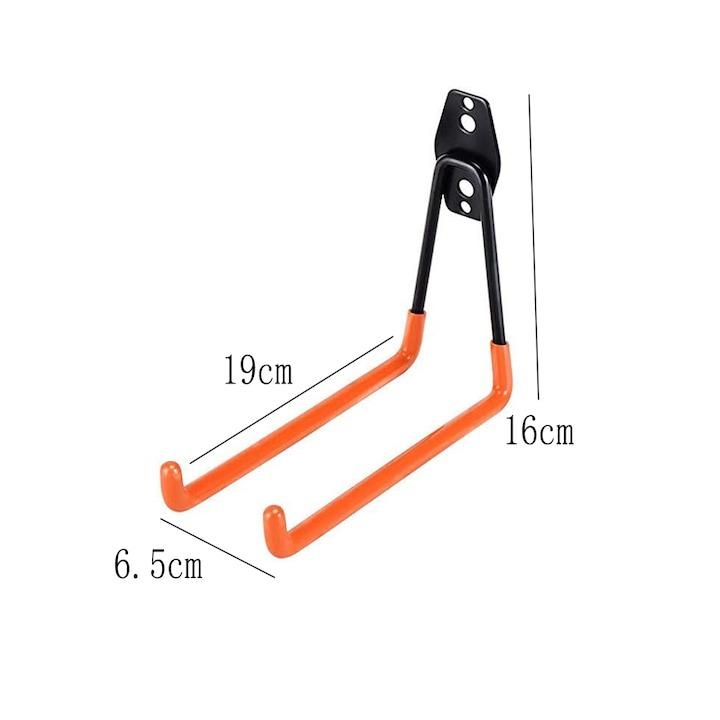 Set 2x Suport cu carlig universal pentru depozitare, bicicleta, scule si unelte de garaj, 16 x 19 cm, negru/portocaliu [2]