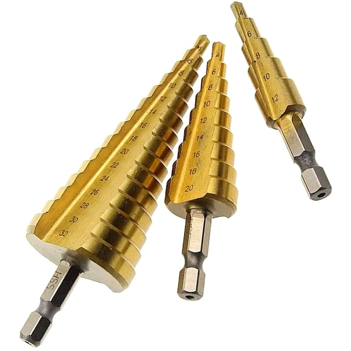 Set 3 burghie conice, dimensiuni diferite, otel HSS cu acoperire titan, tip HEX, auriu – precizie profesionala, durabilitate si performanta superioara [9]