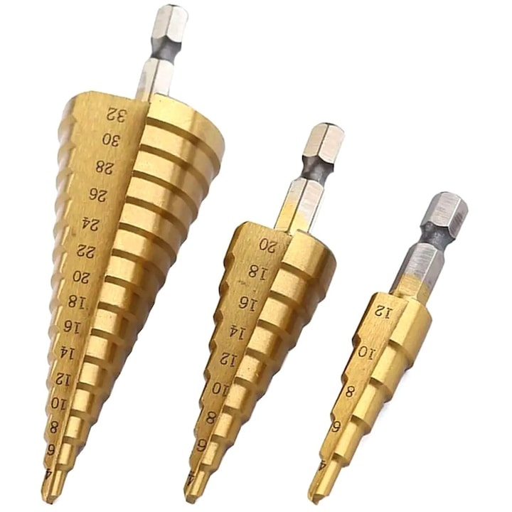 Set 3 burghie conice, dimensiuni diferite, otel HSS cu acoperire titan, tip HEX, auriu – precizie profesionala, durabilitate si performanta superioara [11]