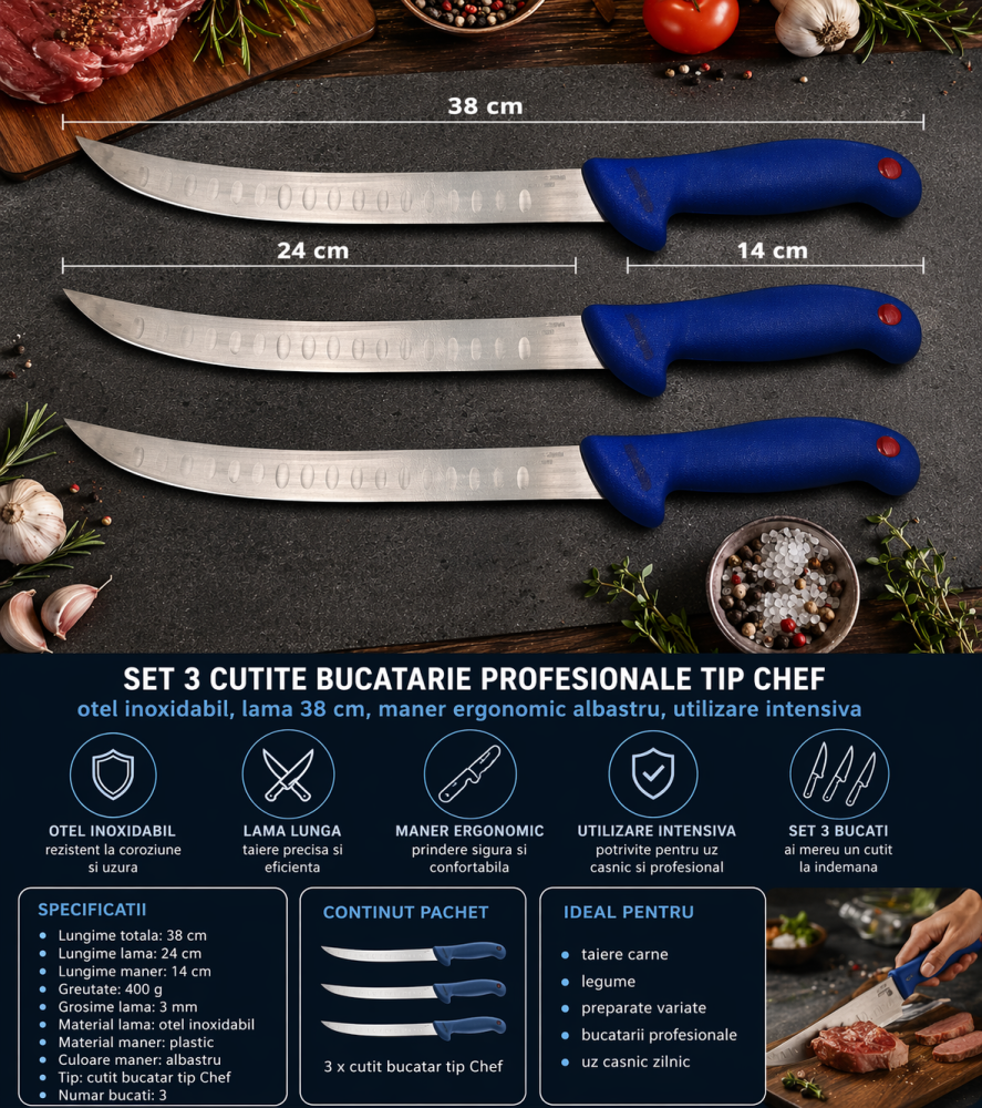 Set 3 cutite bucatarie profesionale tip Chef, otel inoxidabil, lama 38 cm, maner ergonomic albastru, utilizare intensiva [8]