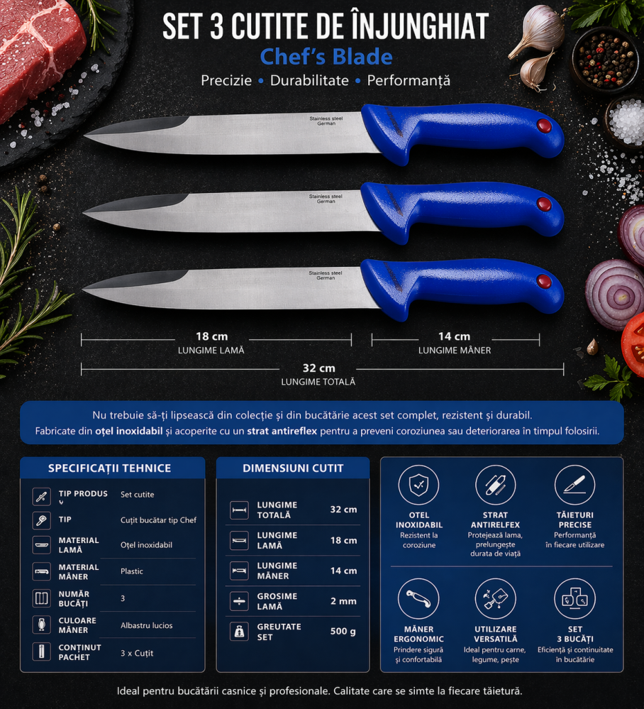 Set 3 cutite bucatarie tip Chef pentru carne si taiere precisa, otel inoxidabil, lama 18 cm, lungime 32 cm, maner albastru ergonomic [2]