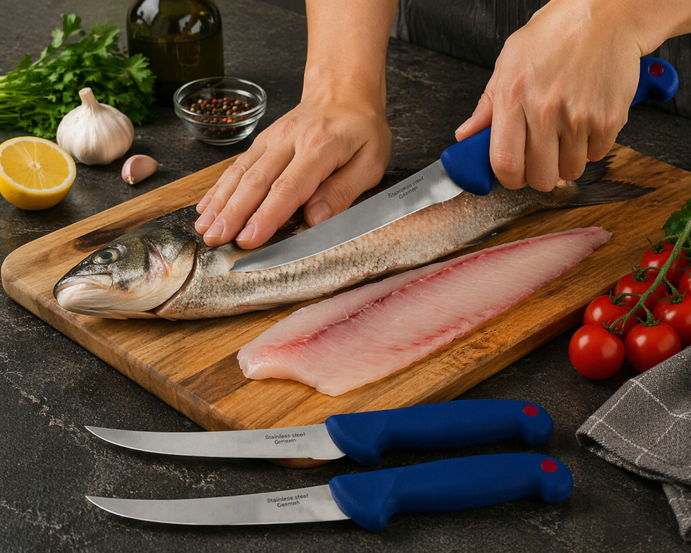 Set 3 cutite filetat 30 cm lama inox, maner ergonomic albastru, lama 15 cm, set bucatarie [4]