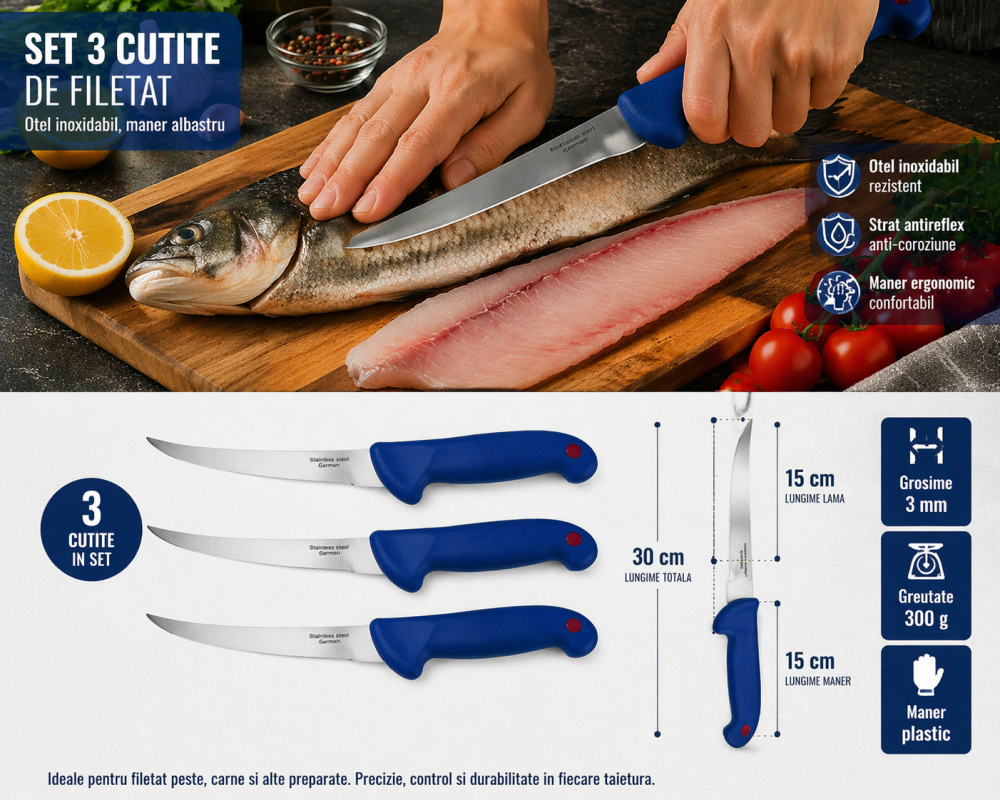 Set 3 cutite filetat 30 cm lama inox, maner ergonomic albastru, lama 15 cm, set bucatarie [2]
