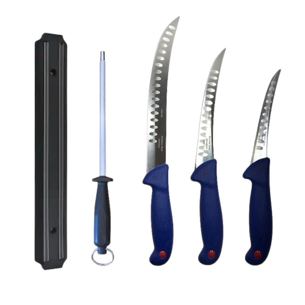 Set 3 cutite profesionale de macelarie, injunghiat, transat, dezosat, filetat, masat pentru ascutit, suport magnetic [1]