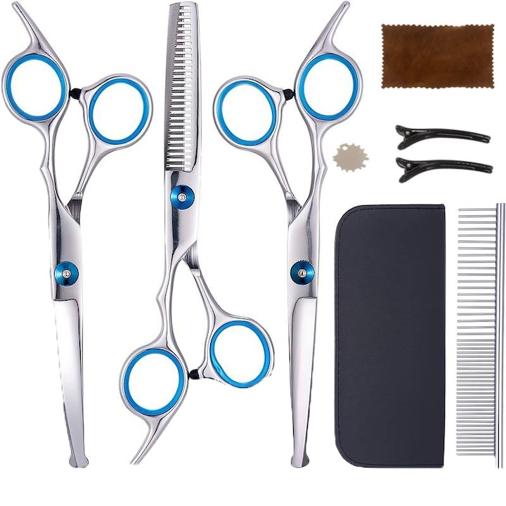 Set 3 foarfece pentru tuns animale si pieptene, cu husa si accesorii, 9 x 3 x 21.3 cm, argintiu – ingrijire completa si sigura pentru caini si pisici [20]