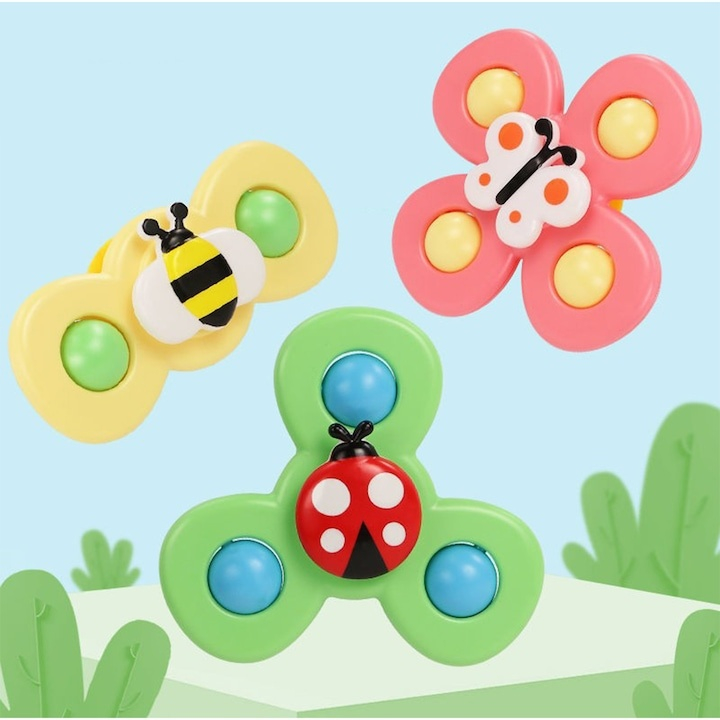 Set 3 jucarii interactive pentru bebelusi, model insecte, tip spinner, cu ventuze, ABS si silicon, rotativ, multicolor [10]
