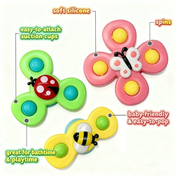 Set 3 jucarii interactive pentru bebelusi, model insecte, tip spinner, cu ventuze, ABS si silicon, rotativ, multicolor [4]