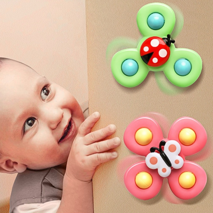 Set 3 jucarii interactive pentru bebelusi, model insecte, tip spinner, cu ventuze, ABS si silicon, rotativ, multicolor [9]
