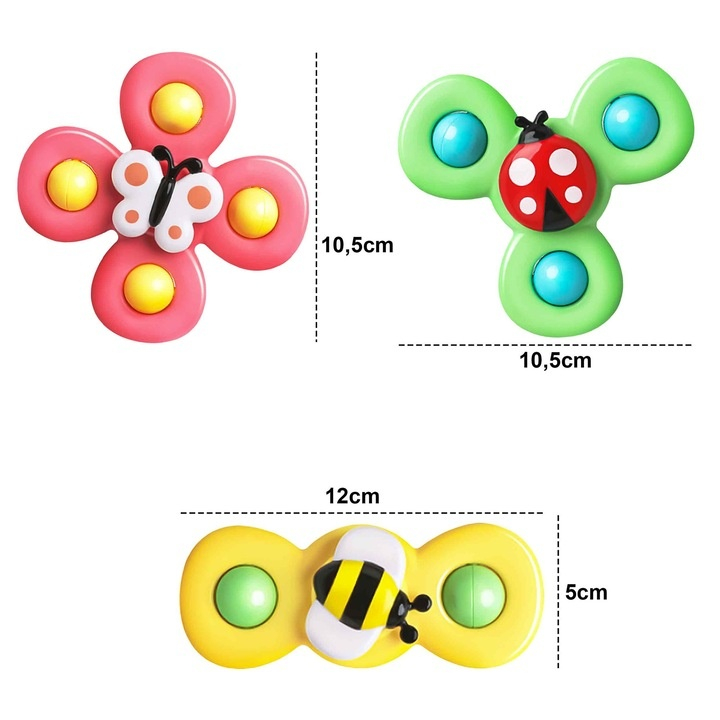 Set 3 jucarii interactive pentru bebelusi, model insecte, tip spinner, cu ventuze, ABS si silicon, rotativ, multicolor [6]